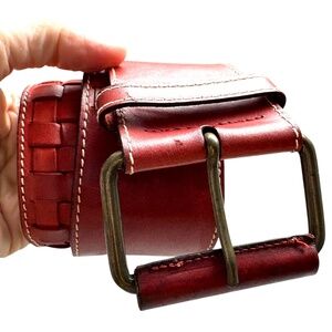 belt vintage red leather made in Italy S/M 2.25" wide woven detailing classic